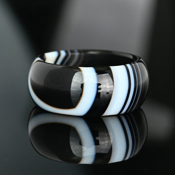 Vintage Black White Banded Agate Donut Band Ring - Boylerpf