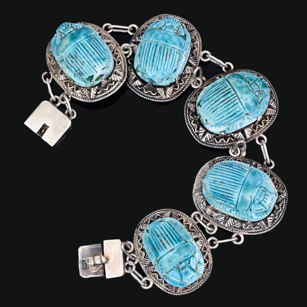 Vintage Egyptian Scarab Bracelet Turquoise Faience Silver