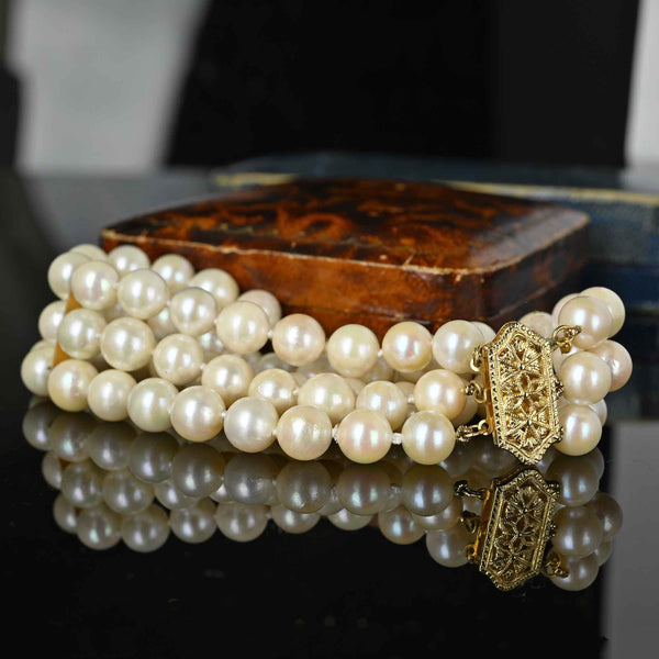 Vintage 14K Gold Three Row Pearl Bracelet - Boylerpf
