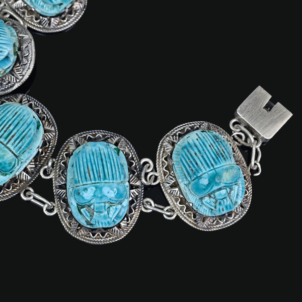 Vintage Egyptian Scarab Bracelet Turquoise Faience Silver