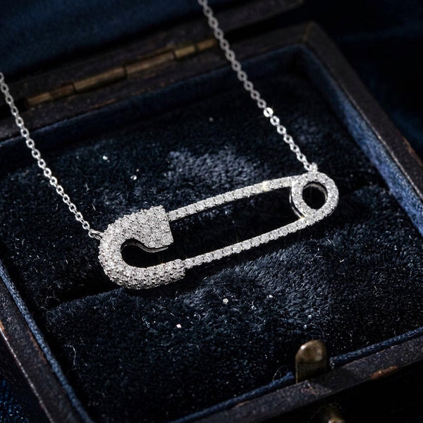 Vintage 18K White Gold Diamond Safety Pin Necklace