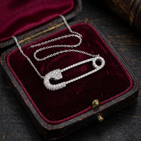 Vintage 18K White Gold Diamond Safety Pin Necklace