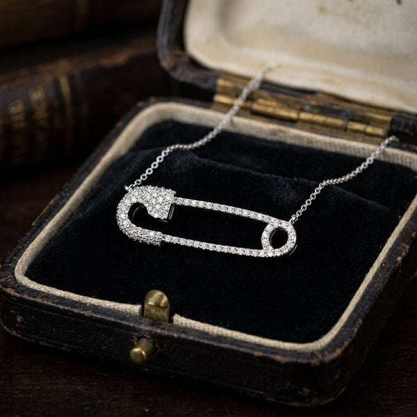 Vintage 18K White Gold Diamond Safety Pin Necklace