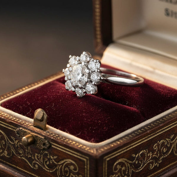 Antique French Diamond Cluster Ring, 18K White Gold - Boylerpf