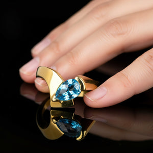 Vintage 14K Gold Chevron Bypass Pear Cut Blue Topaz Ring - Boylerpf