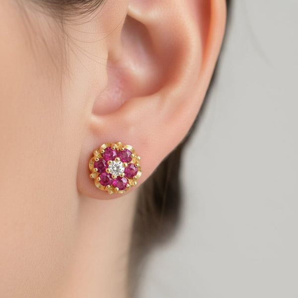 Large Diamond Ruby Cluster Stud Earrings in 14K Gold - Boylerpf