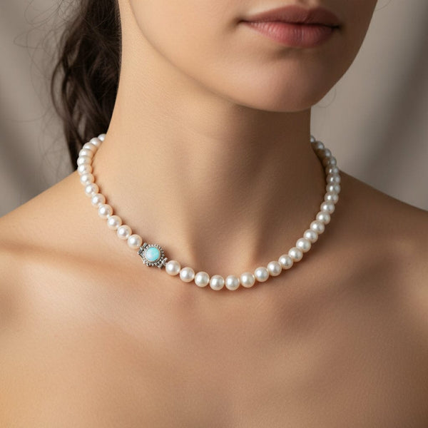 Classic Diamond Opal Clasp Hand Knotted Pearl Necklace - Boylerpf