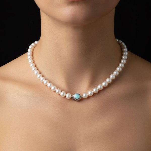 Classic Diamond Opal Clasp Hand Knotted Pearl Necklace - Boylerpf