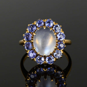 Antique Blue Sapphire Halo Moonstone Ring in Gold - Boylerpf