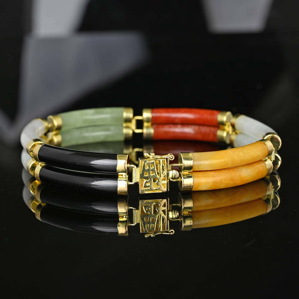 Heavy 14K Gold Two Row Multi Color Jade Bracelet - Boylerpf