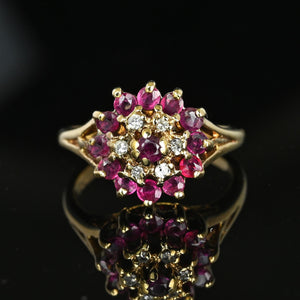 Vintage Diamond Ruby Cluster Harem Style Ring in Gold - Boylerpf