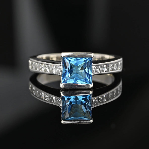 14K White Gold Blue Topaz Princess Cut Diamond Ring - Boylerpf