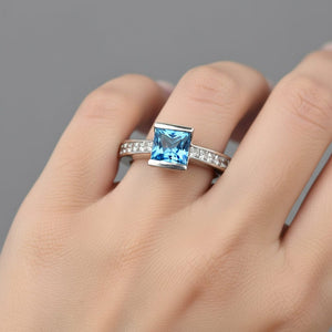 14K White Gold Blue Topaz Princess Cut Diamond Ring - Boylerpf