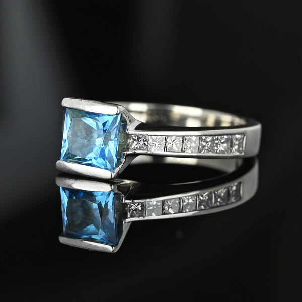 14K White Gold Blue Topaz Princess Cut Diamond Ring - Boylerpf