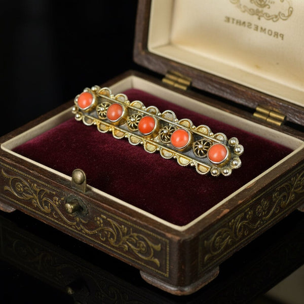 Antique Coral Cabochon Brooch, Silver Vermeil Cannetille Bar - Boylerpf