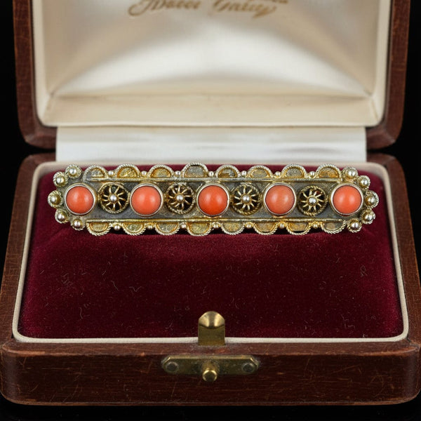 Antique Coral Cabochon Brooch, Silver Vermeil Cannetille Bar - Boylerpf