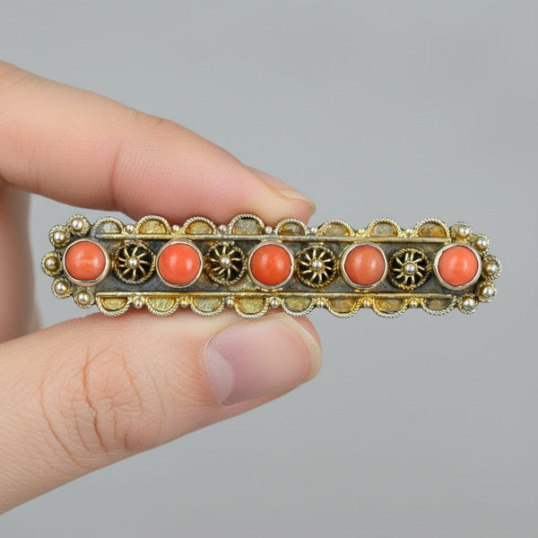 Antique Coral Cabochon Brooch, Silver Vermeil Cannetille Bar - Boylerpf