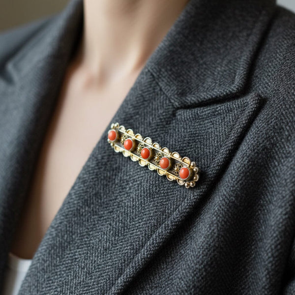 Antique Coral Cabochon Brooch, Silver Vermeil Cannetille Bar - Boylerpf