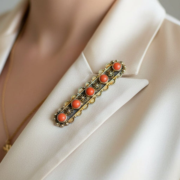 Antique Coral Cabochon Brooch, Silver Vermeil Cannetille Bar - Boylerpf
