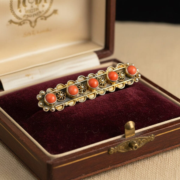 Antique Coral Cabochon Brooch, Silver Vermeil Cannetille Bar - Boylerpf