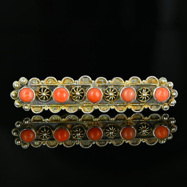 Antique Coral Cabochon Brooch, Silver Vermeil Cannetille Bar - Boylerpf