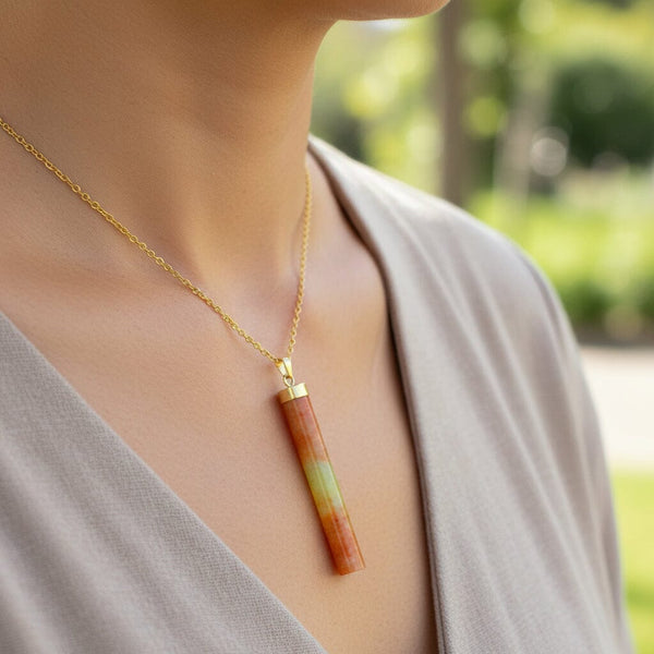 Vintage 14K Gold Long Tubular Yellow & Orange Jadeite Pendant - Boylerpf
