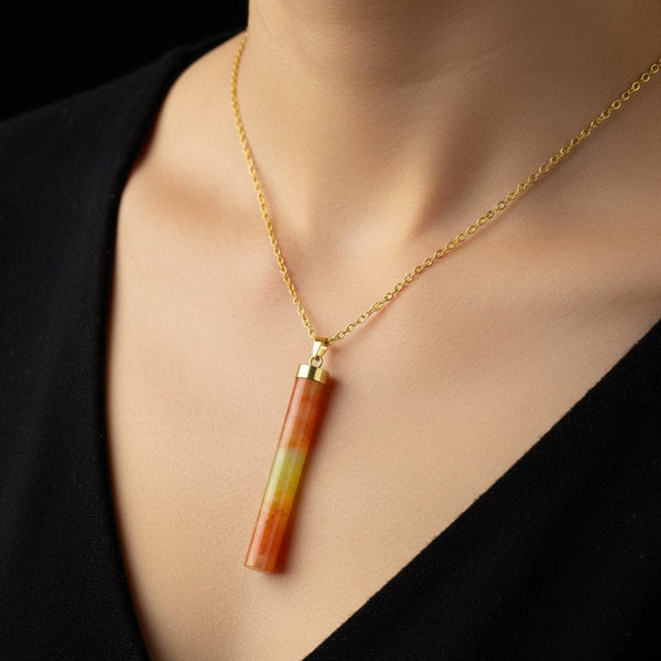 Vintage 14K Gold Long Tubular Yellow & Orange Jadeite Pendant - Boylerpf