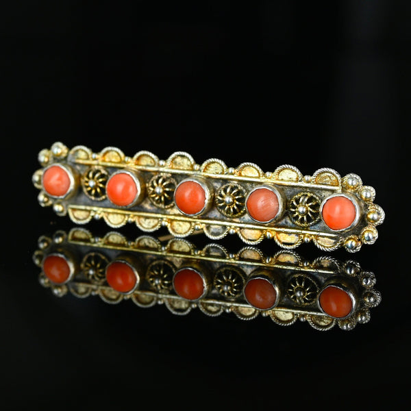 Antique Coral Cabochon Brooch, Silver Vermeil Cannetille Bar - Boylerpf