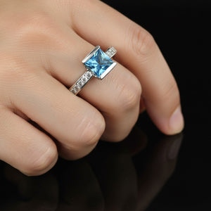 14K White Gold Blue Topaz Princess Cut Diamond Ring - Boylerpf