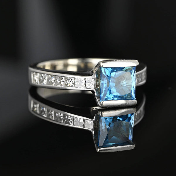 14K White Gold Blue Topaz Princess Cut Diamond Ring - Boylerpf