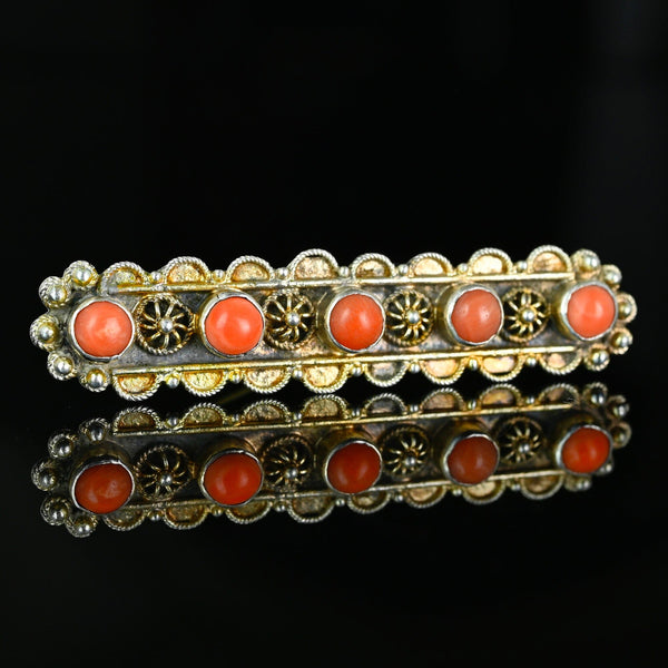 Antique Coral Cabochon Brooch, Silver Vermeil Cannetille Bar - Boylerpf