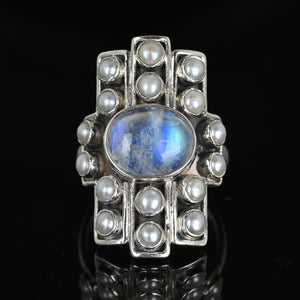 Vintage Statement Silver Pearl Moonstone Cabochon Ring - Boylerpf