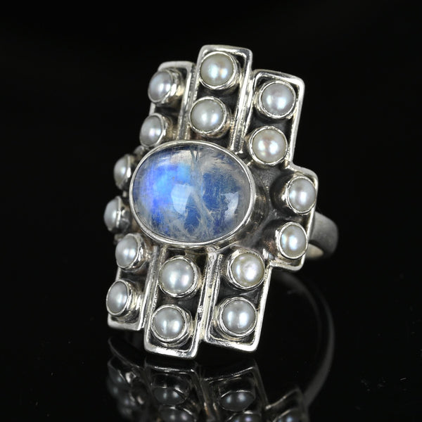 Vintage Statement Silver Pearl Moonstone Cabochon Ring - Boylerpf