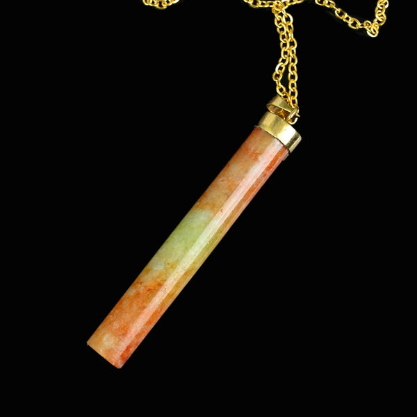 Vintage 14K Gold Long Tubular Yellow & Orange Jadeite Pendant - Boylerpf