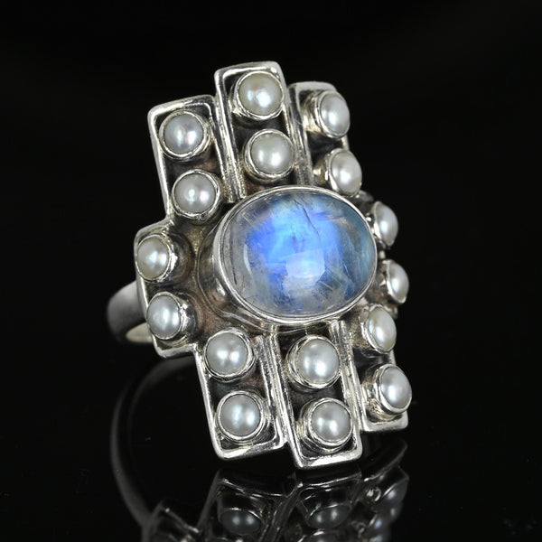 Vintage Statement Silver Pearl Moonstone Cabochon Ring - Boylerpf