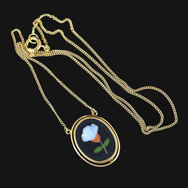 Vintage 18K Gold Pietra Dura Pendant Necklace - Boylerpf