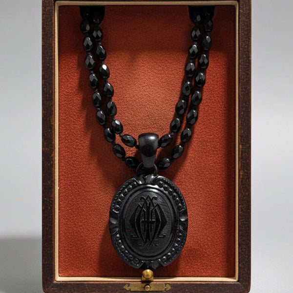 Antique Victorian Whitby Jet Mourning Locket Necklace - Boylerpf