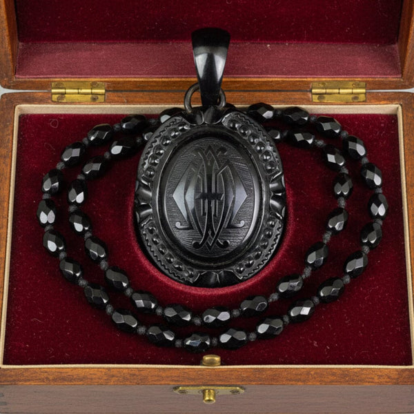 Antique Victorian Whitby Jet Mourning Locket Necklace - Boylerpf