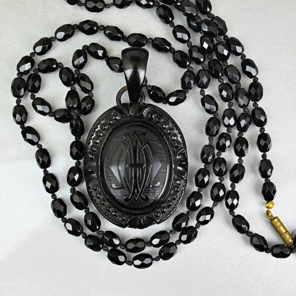 Antique Victorian Whitby Jet Mourning Locket Necklace - Boylerpf