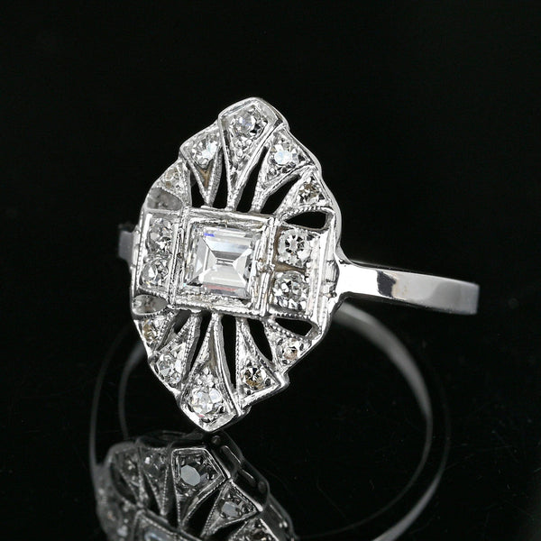 Art Deco Platinum Filigree Emerald Cut Diamond Ring - Boylerpf