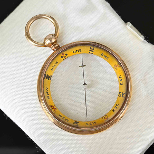 DEPOSIT ON HOLD Large Antique 15K Gold Working Compass Fob Pendant w Case - Boylerpf