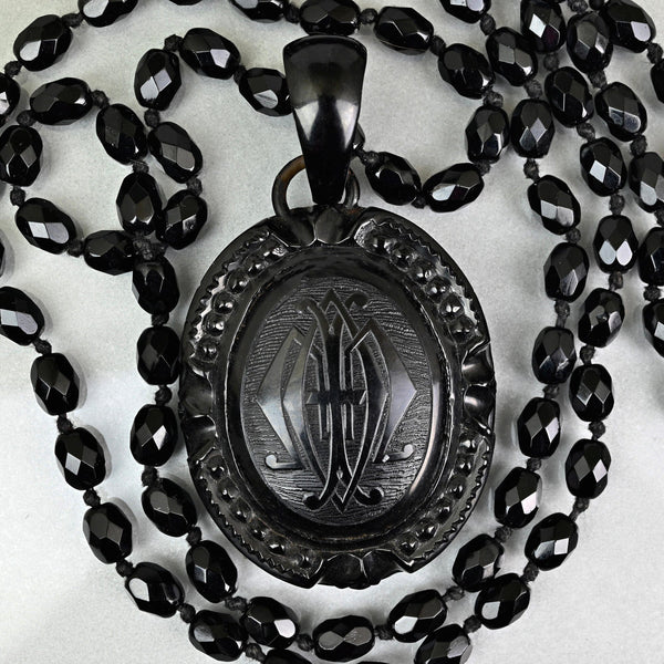 Antique Victorian Whitby Jet Mourning Locket Necklace - Boylerpf