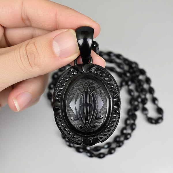 Antique Victorian Whitby Jet Mourning Locket Necklace - Boylerpf