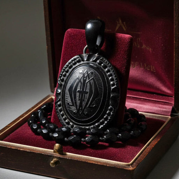 Antique Victorian Whitby Jet Mourning Locket Necklace - Boylerpf