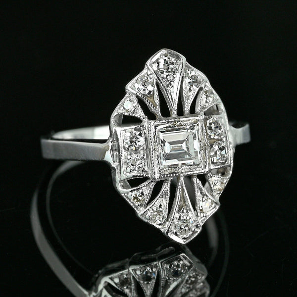Art Deco Platinum Filigree Emerald Cut Diamond Ring - Boylerpf