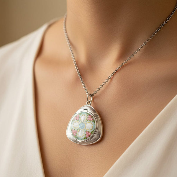 Rare Art Deco Guilloché Enamel Floral Locket 935 Silver