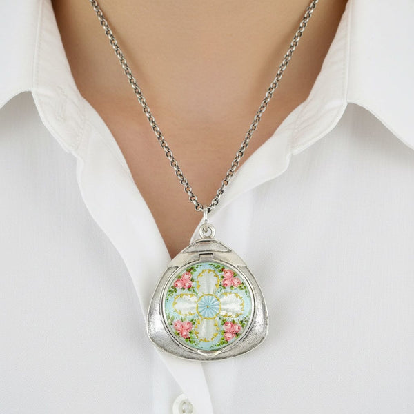 Rare Art Deco Guilloché Enamel Floral Locket 935 Silver