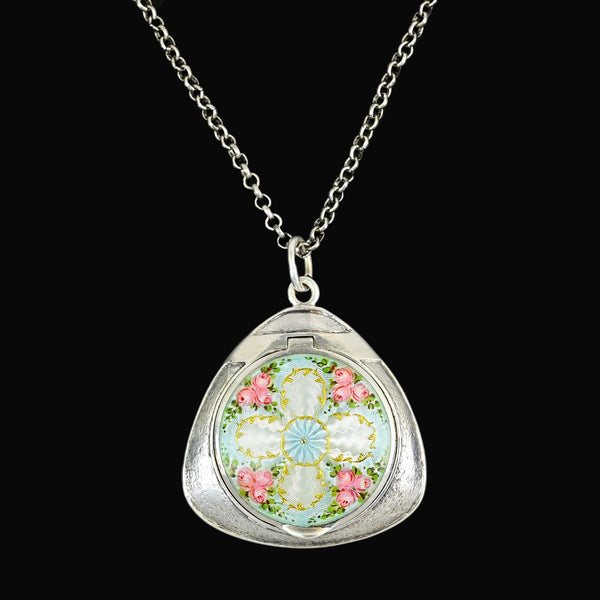 Rare Art Deco Guilloché Enamel Floral Locket 935 Silver