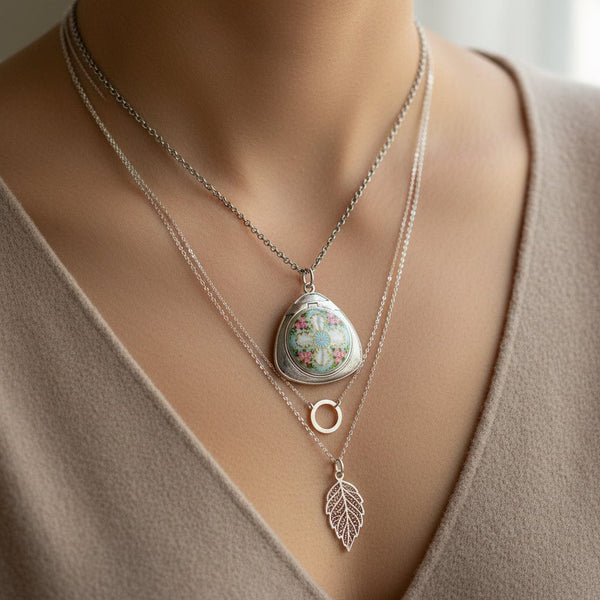 Rare Art Deco Guilloché Enamel Floral Locket 935 Silver