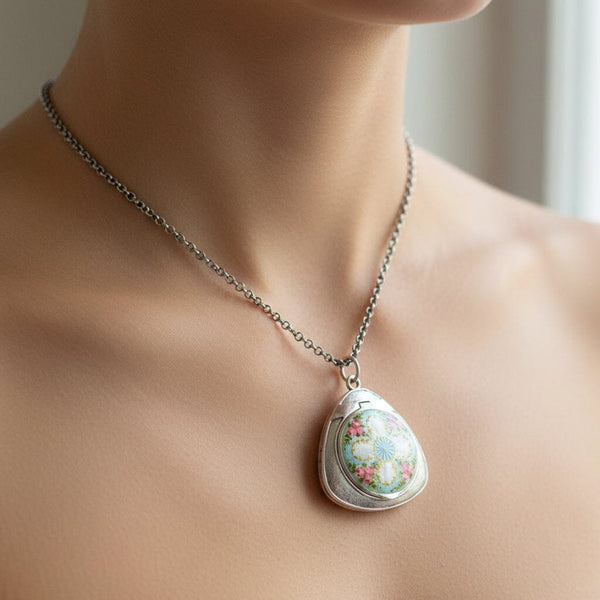 Rare Art Deco Guilloché Enamel Floral Locket 935 Silver